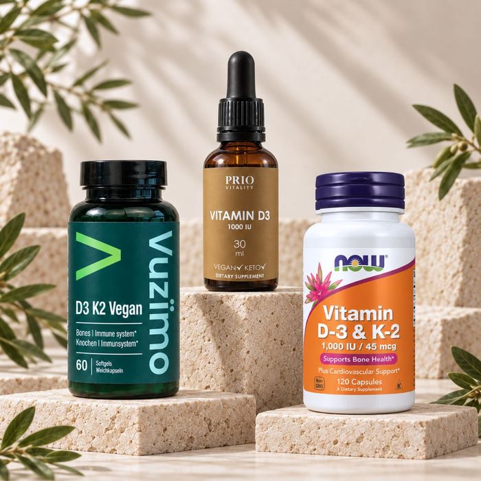 Vitamin D kosttilskudd i kapsler og tabletter, presentert i et lyst og minimalistisk velværemiljø.