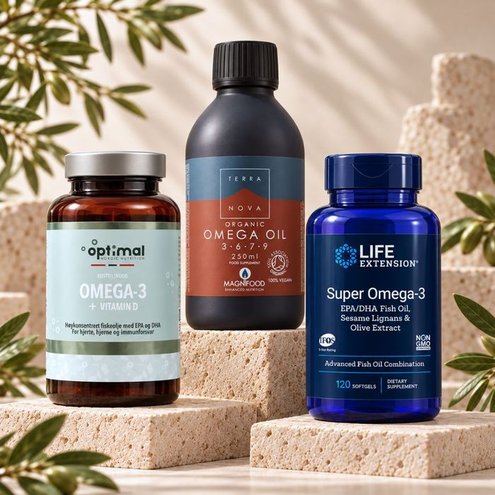 Omega-3 kosttilskudd med myke kapsler i et lyst, minimalistisk velværemiljø.
