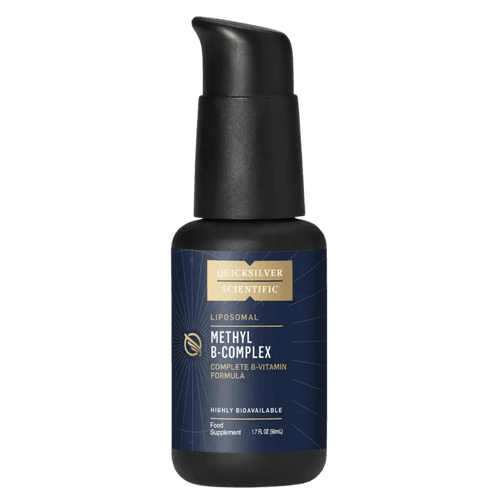 Quicksilver Scientific Liposomal Methyl B-Complex i pumpeflaske. Liposomalt B-vitamin-kompleks med metylert B12 og folat i flytende format.