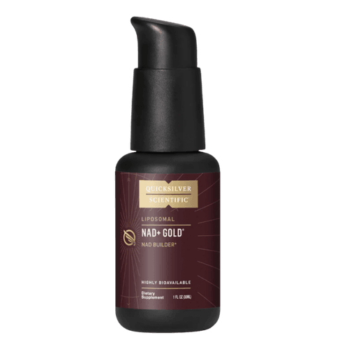 Quicksilver Scientific Liposomal NAD+ Gold i pumpeflaske. Liposomalt kosttilskudd med NAD+-forløpere i flytende format.